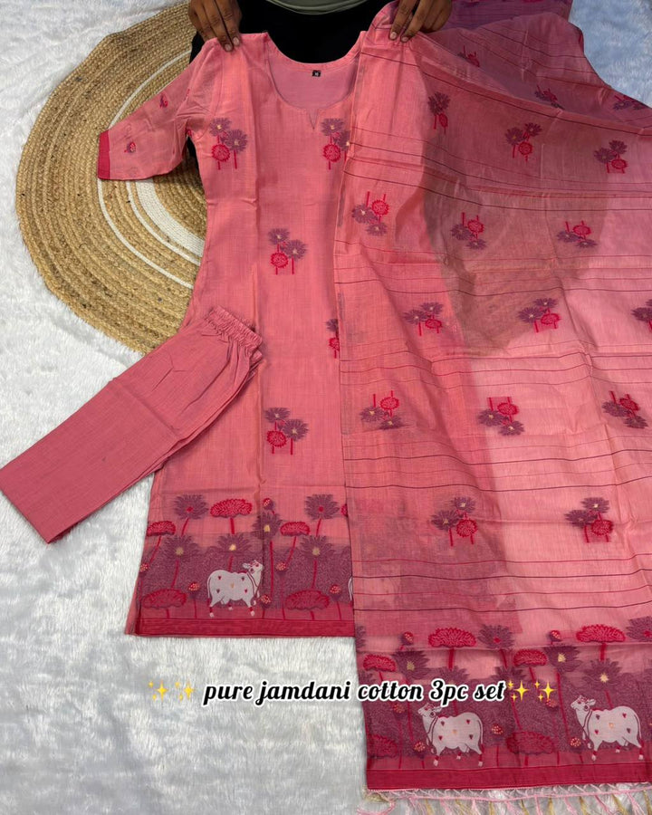 Exclusive Pure Jamdani Cotton 3-Piece Festive Kurti Set