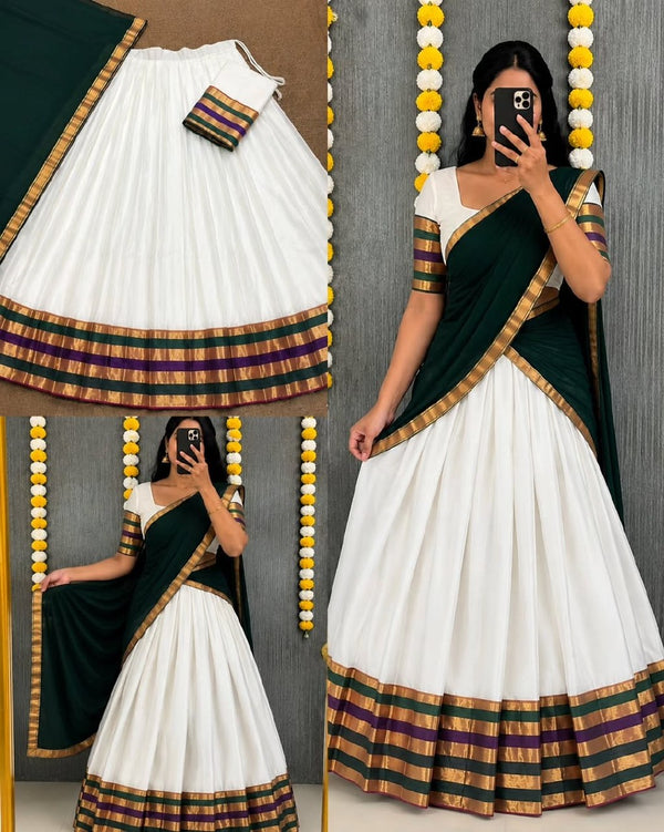Exquisite Onam Special Mul Cotton Zari Woven Lehenga Choli with Georgette Dupatta