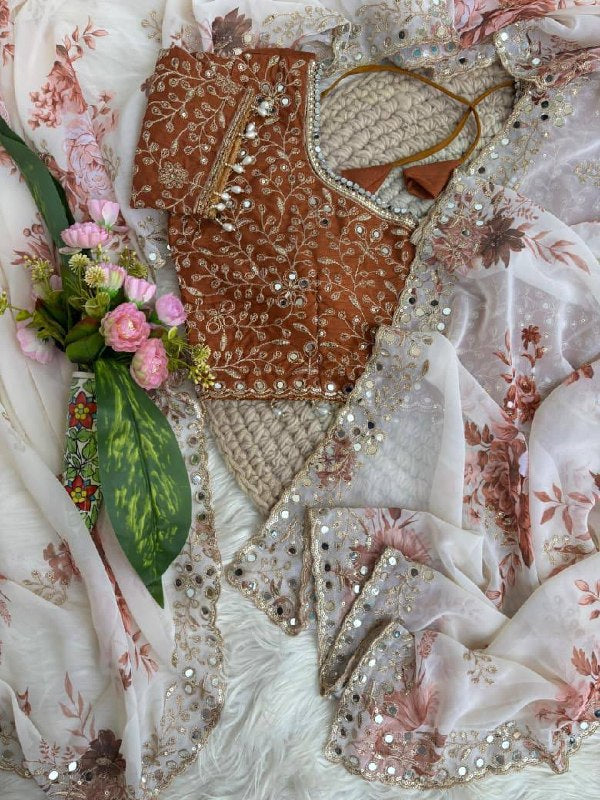 Soft & Pure Georgette Fabric With Floral Prints Embroidery Sequence Work Saree With Mirror Work