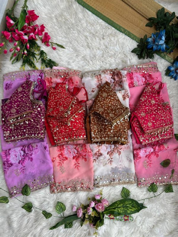 Soft & Pure Georgette Fabric With Floral Prints Embroidery Sequence Work Saree With Mirror Work