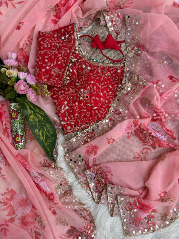 Soft & Pure Georgette Fabric With Floral Prints Embroidery Sequence Work Saree With Mirror Work