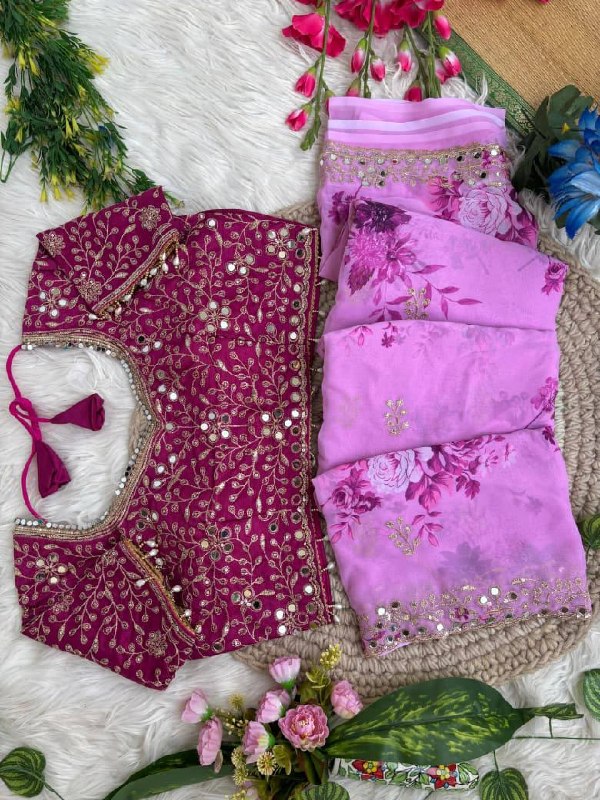 Soft & Pure Georgette Fabric With Floral Prints Embroidery Sequence Work Saree With Mirror Work