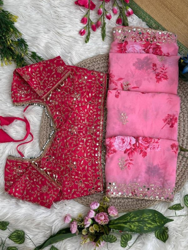 Soft & Pure Georgette Fabric With Floral Prints Embroidery Sequence Work Saree With Mirror Work