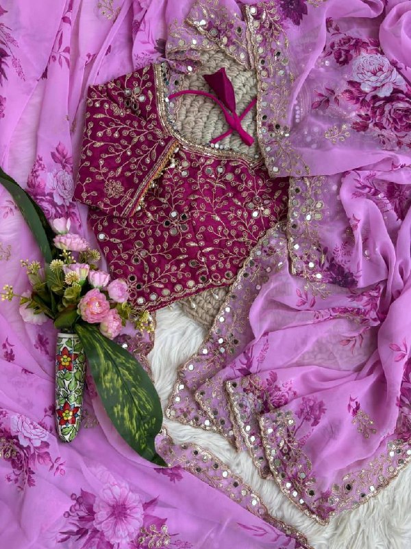 Soft & Pure Georgette Fabric With Floral Prints Embroidery Sequence Work Saree With Mirror Work