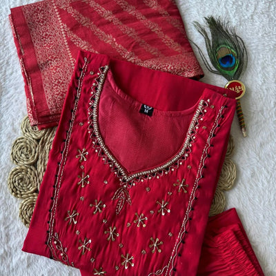 Premium Mul Chanderi Kurti Set With Duppata And Pant