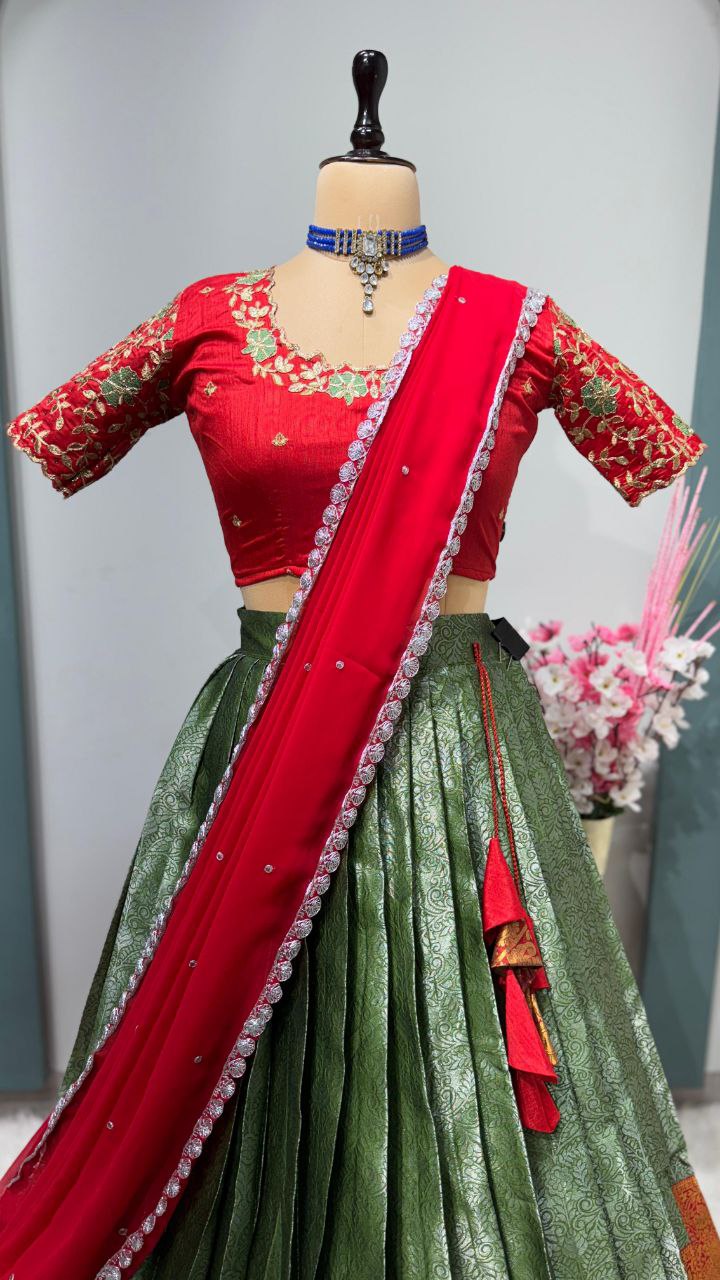 Exclusive Designer Pure Kanjivaram Silk Stitched Lehenga Choli with Maggam Work & Free Hip Belt