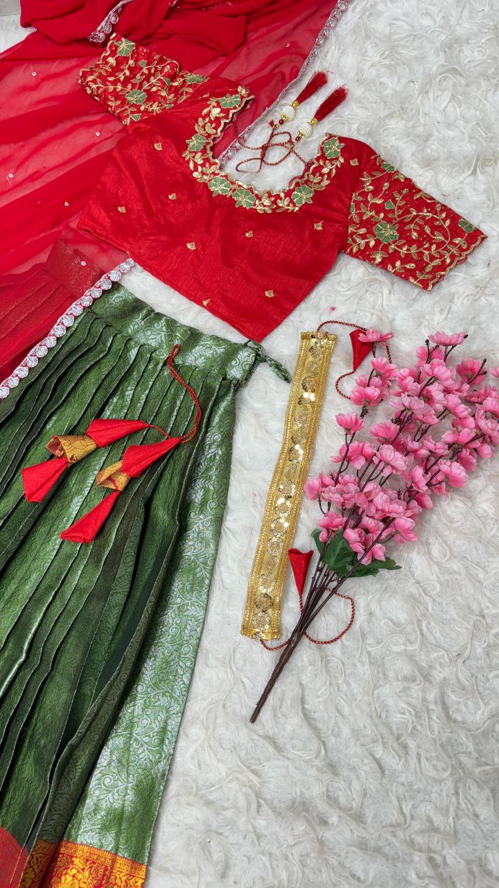 Exclusive Designer Pure Kanjivaram Silk Stitched Lehenga Choli with Maggam Work & Free Hip Belt