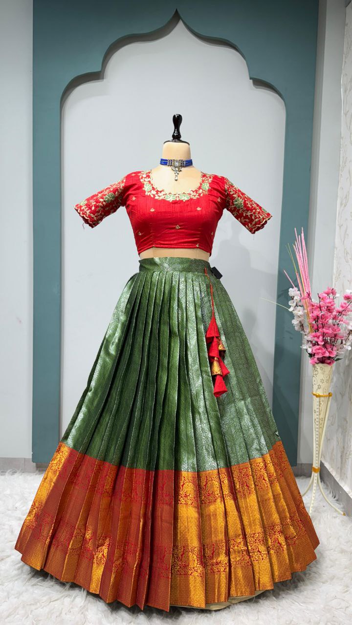 Exclusive Designer Pure Kanjivaram Silk Stitched Lehenga Choli with Maggam Work & Free Hip Belt