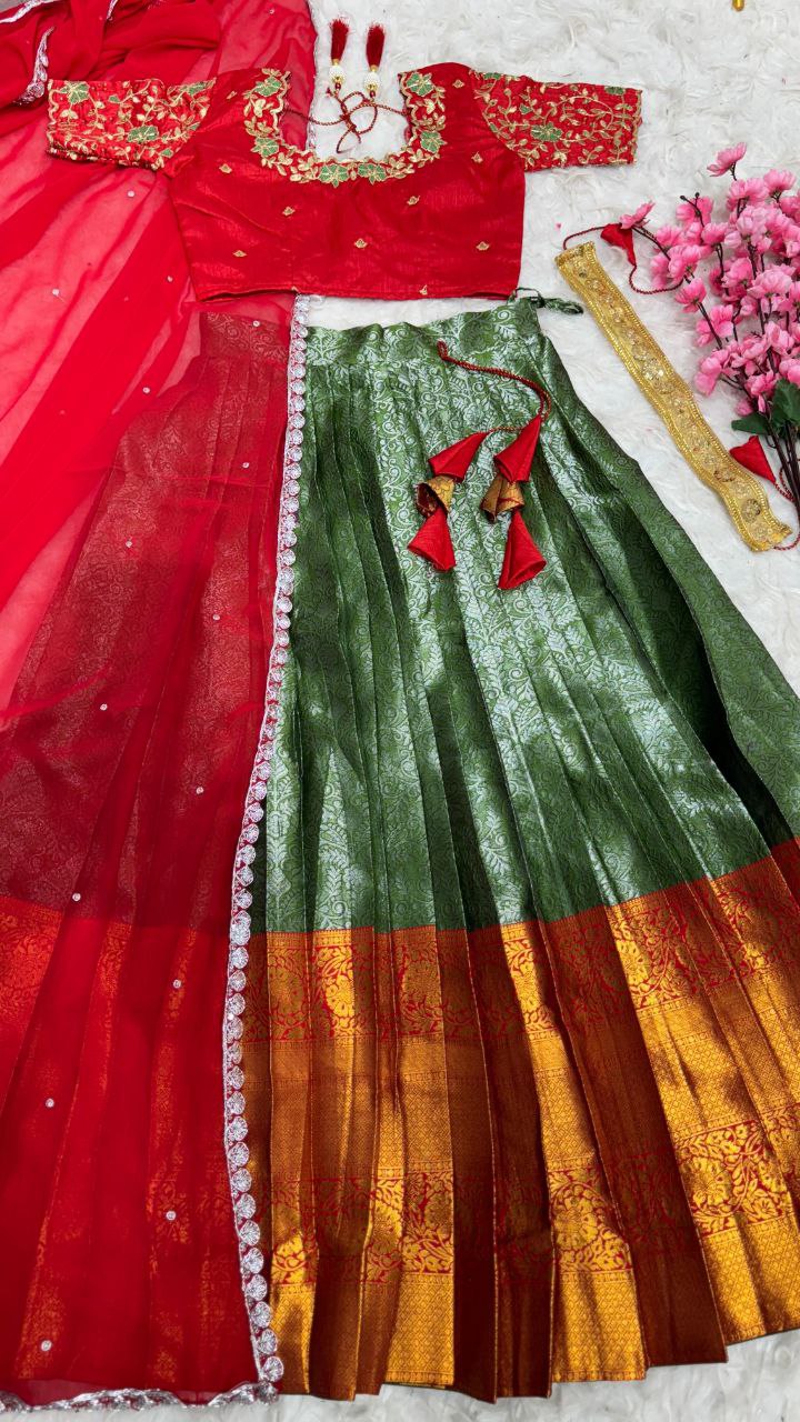 Exclusive Designer Pure Kanjivaram Silk Stitched Lehenga Choli with Maggam Work & Free Hip Belt