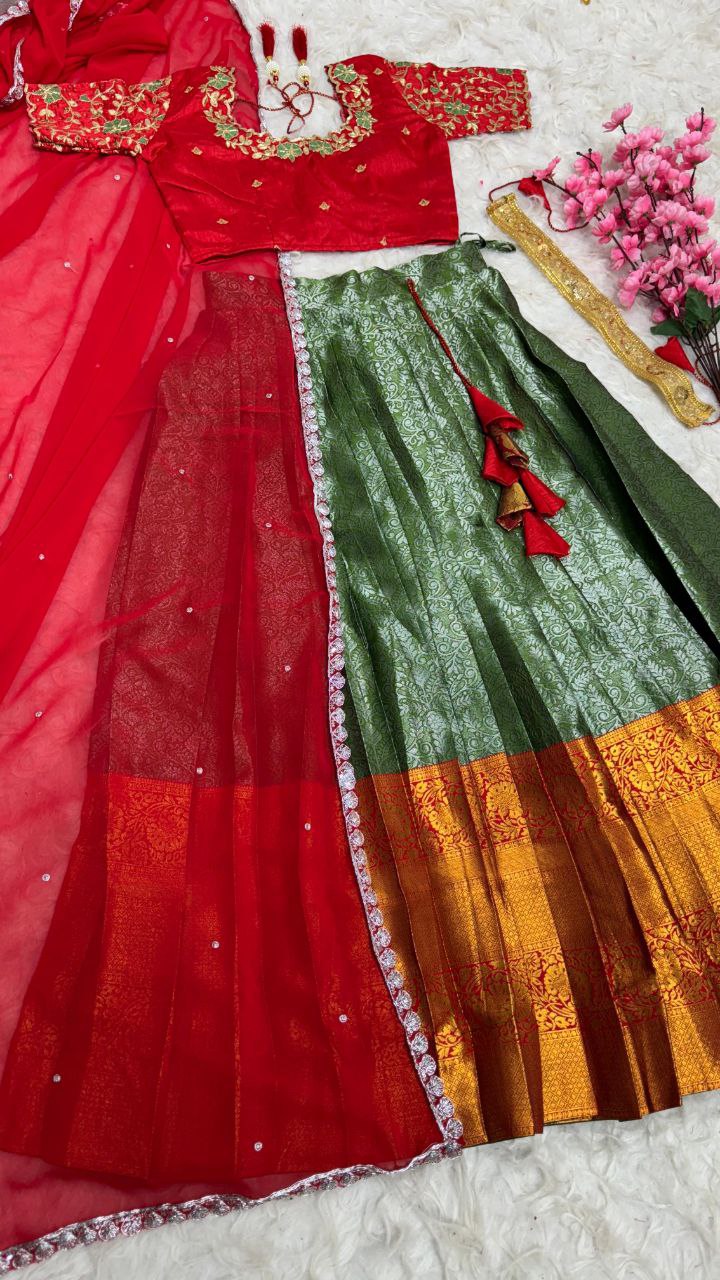 Exclusive Designer Pure Kanjivaram Silk Stitched Lehenga Choli with Maggam Work & Free Hip Belt