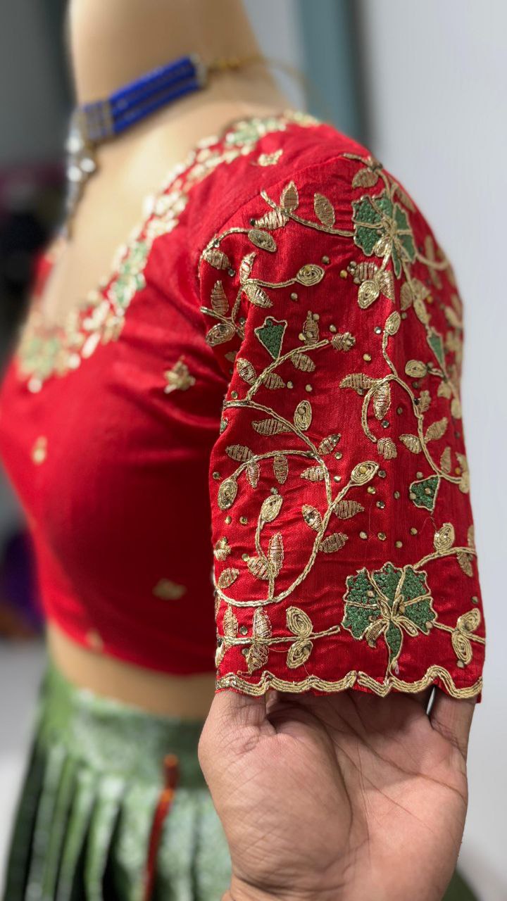 Exclusive Designer Pure Kanjivaram Silk Stitched Lehenga Choli with Maggam Work & Free Hip Belt