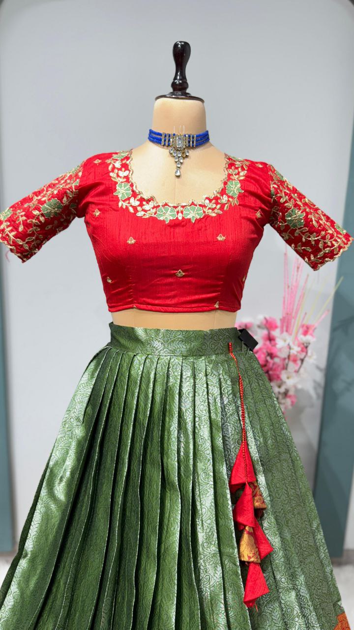 Exclusive Designer Pure Kanjivaram Silk Stitched Lehenga Choli with Maggam Work & Free Hip Belt