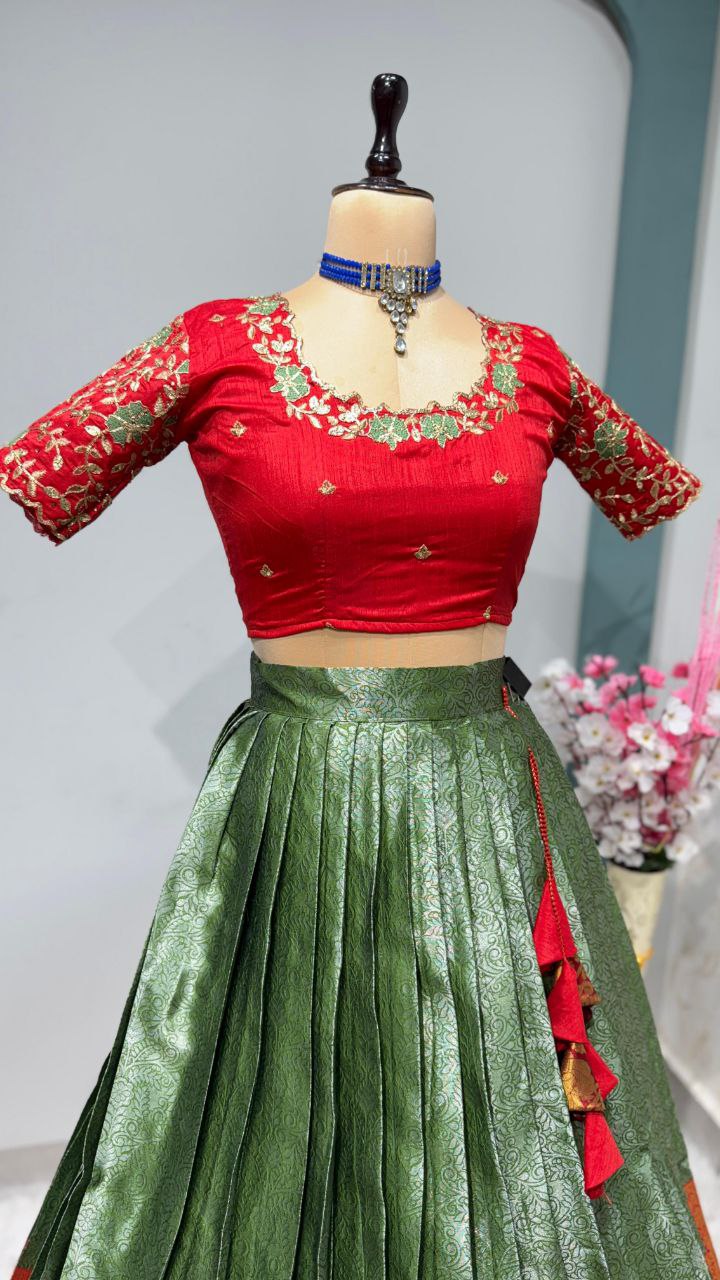 Exclusive Designer Pure Kanjivaram Silk Stitched Lehenga Choli with Maggam Work & Free Hip Belt