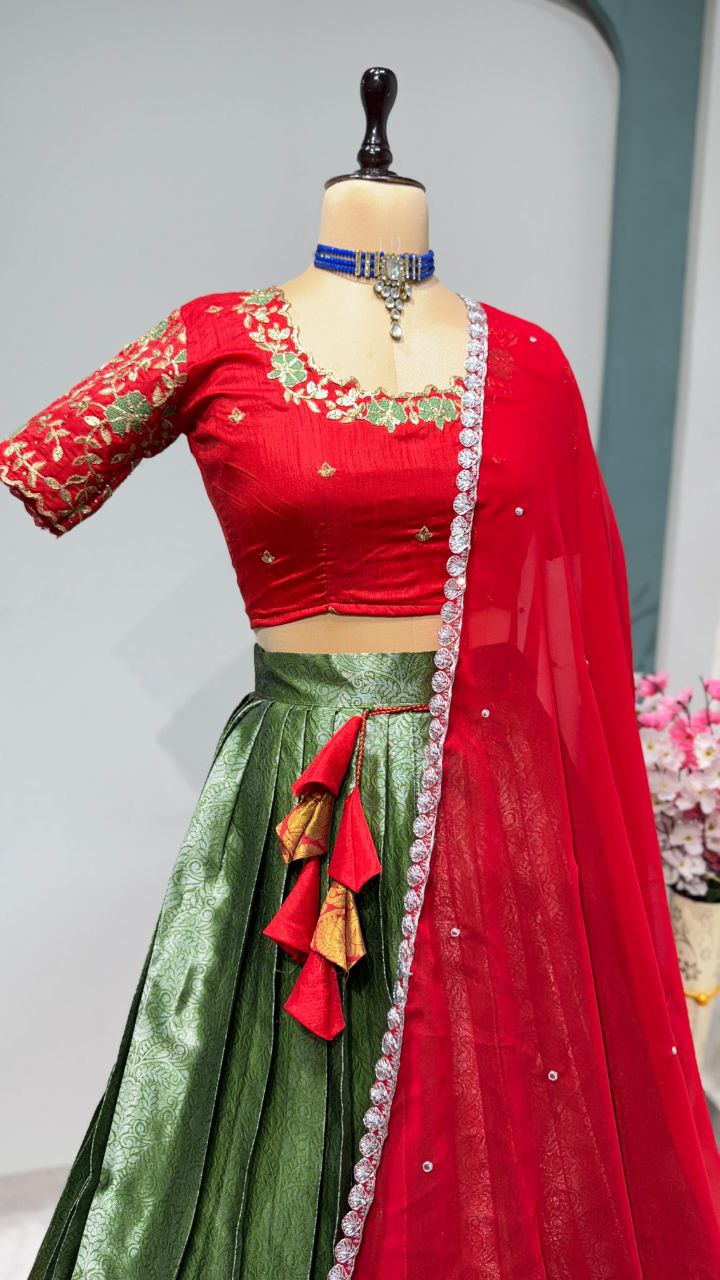 Exclusive Designer Pure Kanjivaram Silk Stitched Lehenga Choli with Maggam Work & Free Hip Belt
