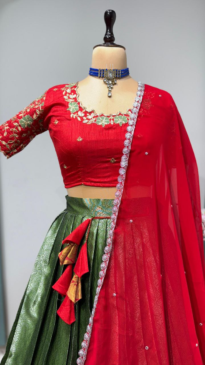 Exclusive Designer Pure Kanjivaram Silk Stitched Lehenga Choli with Maggam Work & Free Hip Belt