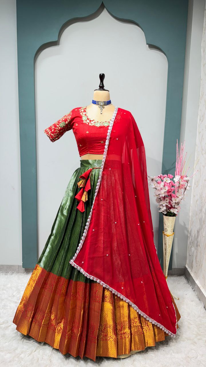Exclusive Designer Pure Kanjivaram Silk Stitched Lehenga Choli with Maggam Work & Free Hip Belt