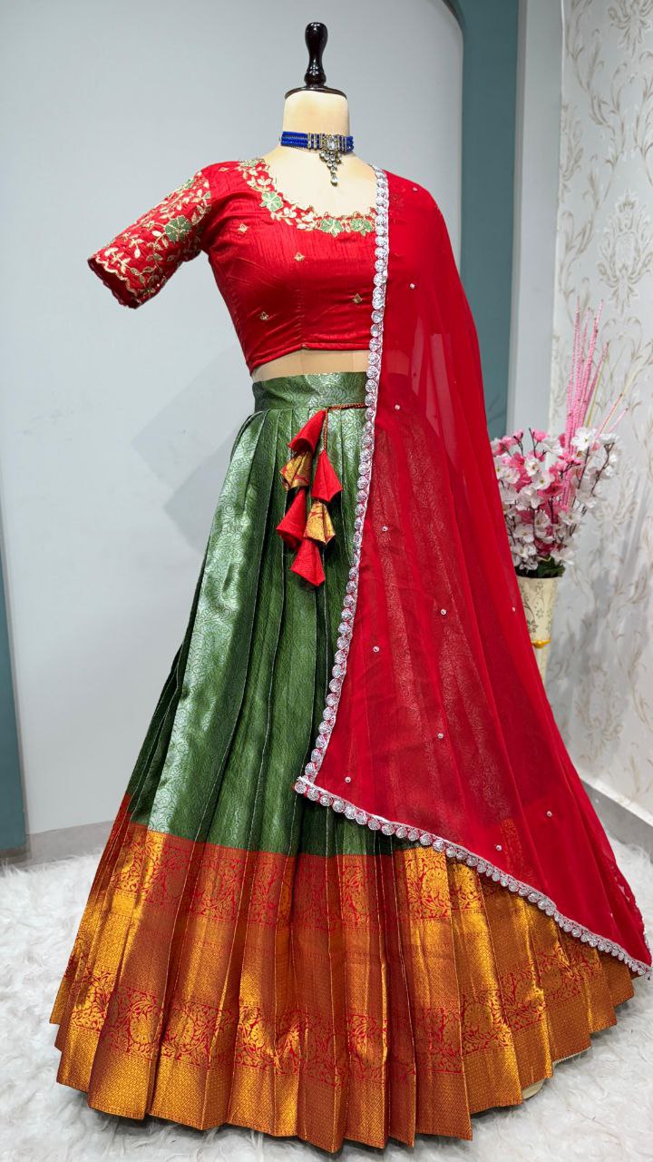 Exclusive Designer Pure Kanjivaram Silk Stitched Lehenga Choli with Maggam Work & Free Hip Belt
