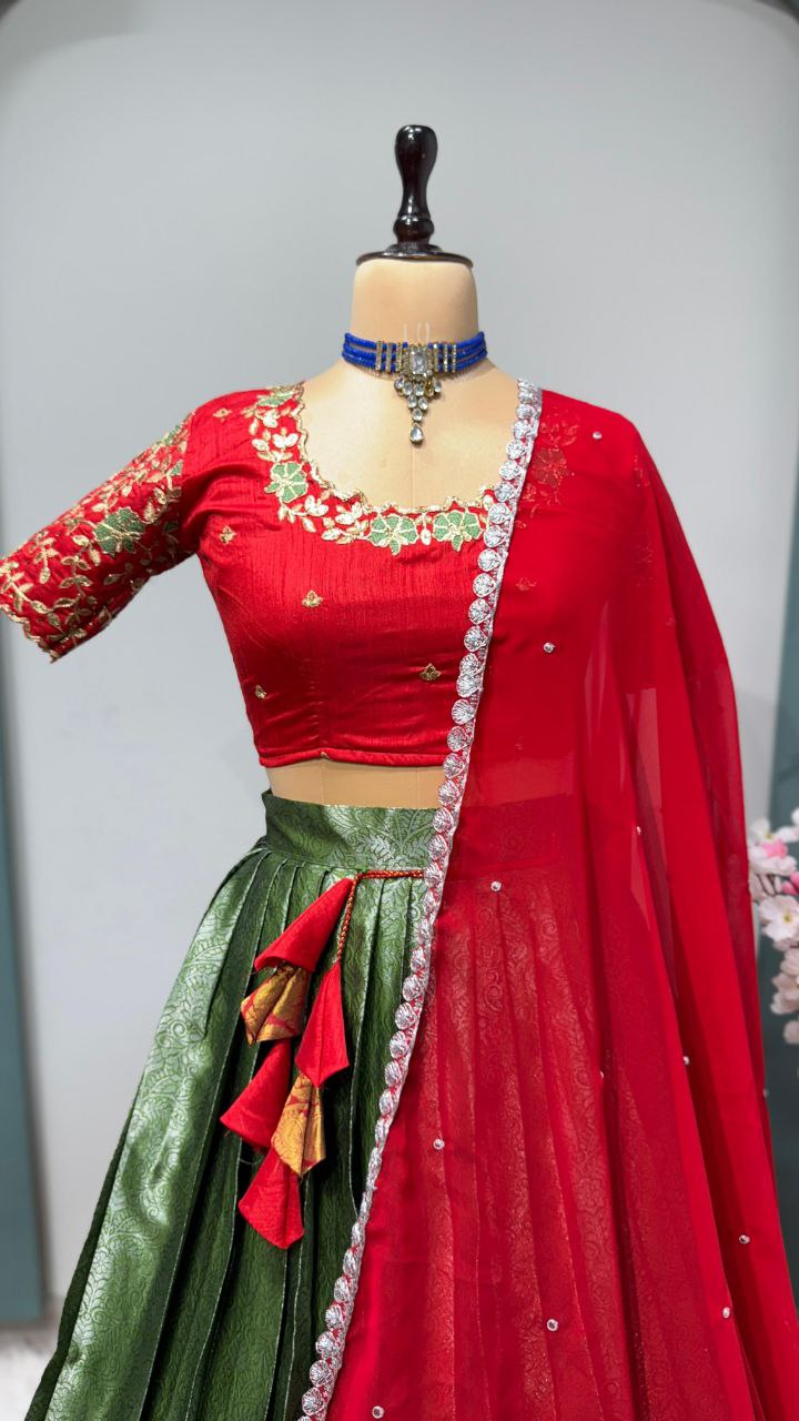 Exclusive Designer Pure Kanjivaram Silk Stitched Lehenga Choli with Maggam Work & Free Hip Belt