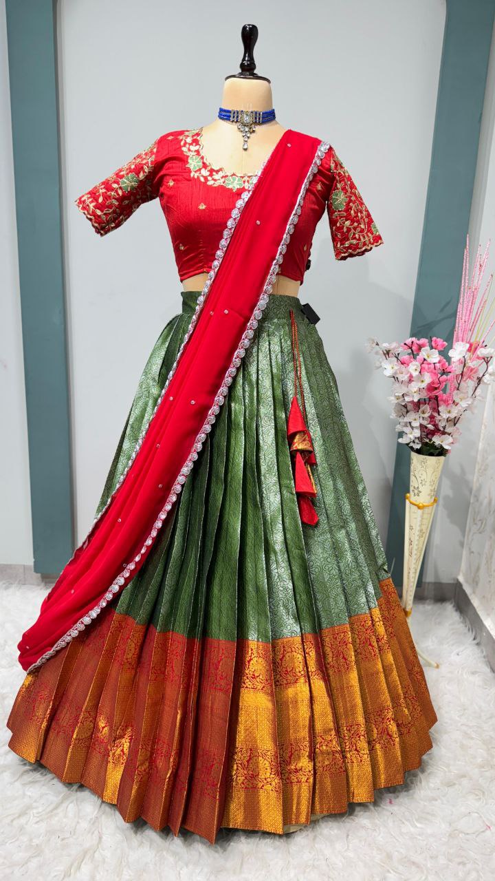 Exclusive Designer Pure Kanjivaram Silk Stitched Lehenga Choli with Maggam Work & Free Hip Belt