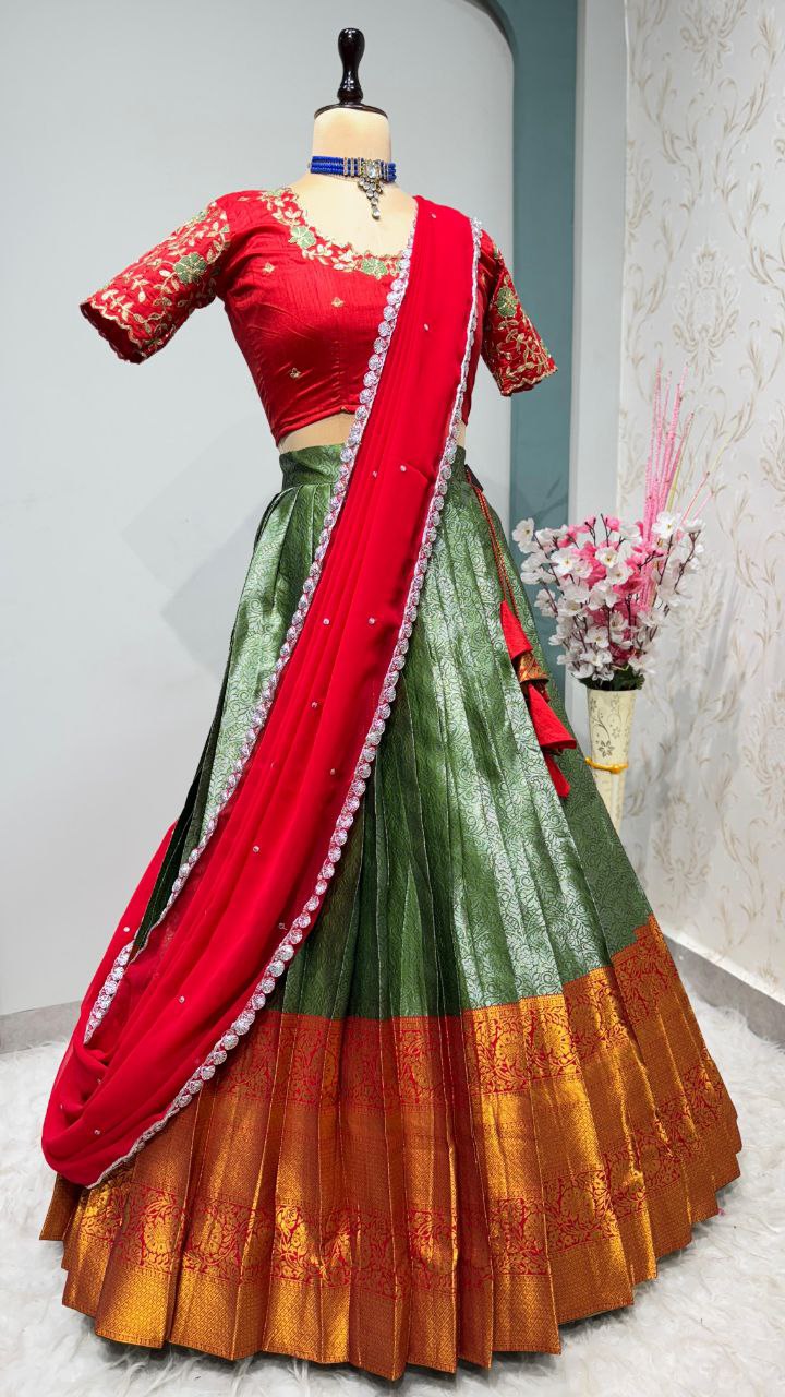 Exclusive Designer Pure Kanjivaram Silk Stitched Lehenga Choli with Maggam Work & Free Hip Belt