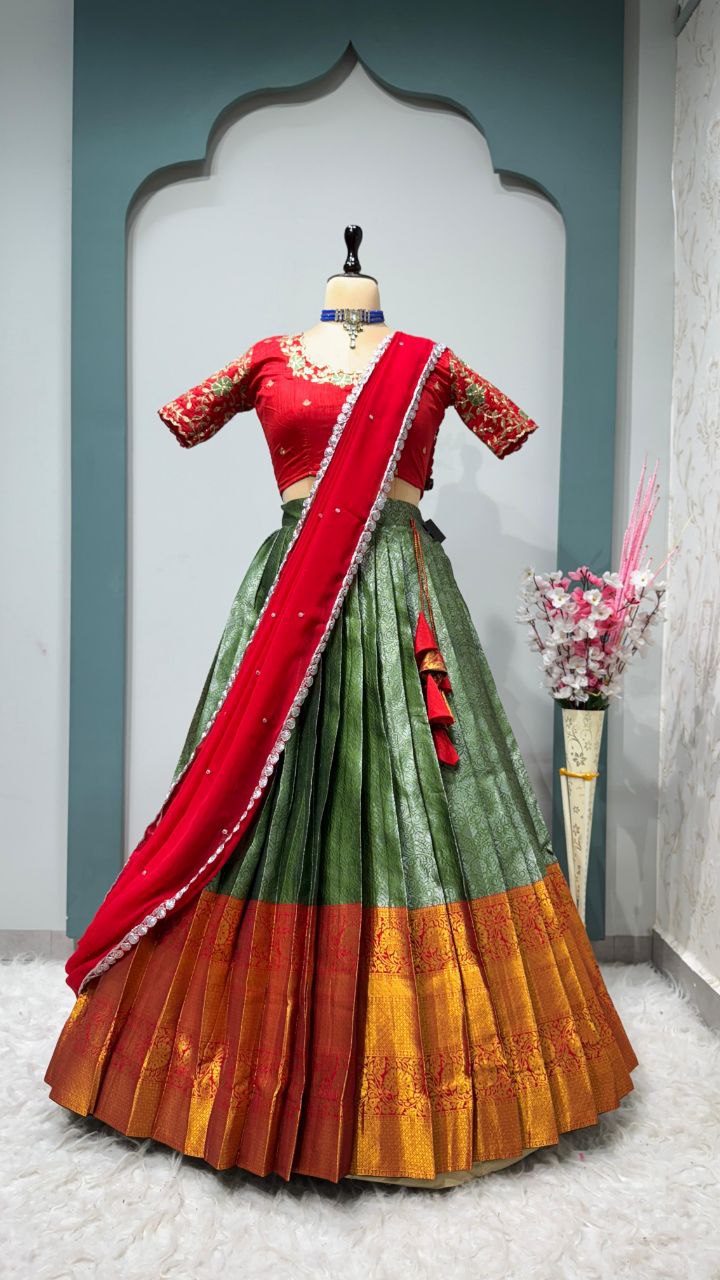Exclusive Designer Pure Kanjivaram Silk Stitched Lehenga Choli with Maggam Work & Free Hip Belt