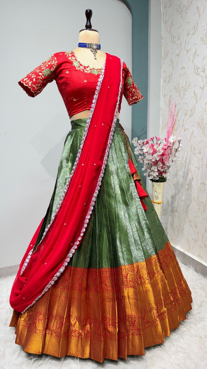 Exclusive Designer Pure Kanjivaram Silk Stitched Lehenga Choli with Maggam Work & Free Hip Belt