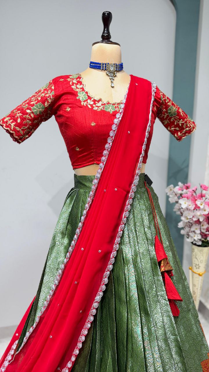 Exclusive Designer Pure Kanjivaram Silk Stitched Lehenga Choli with Maggam Work & Free Hip Belt
