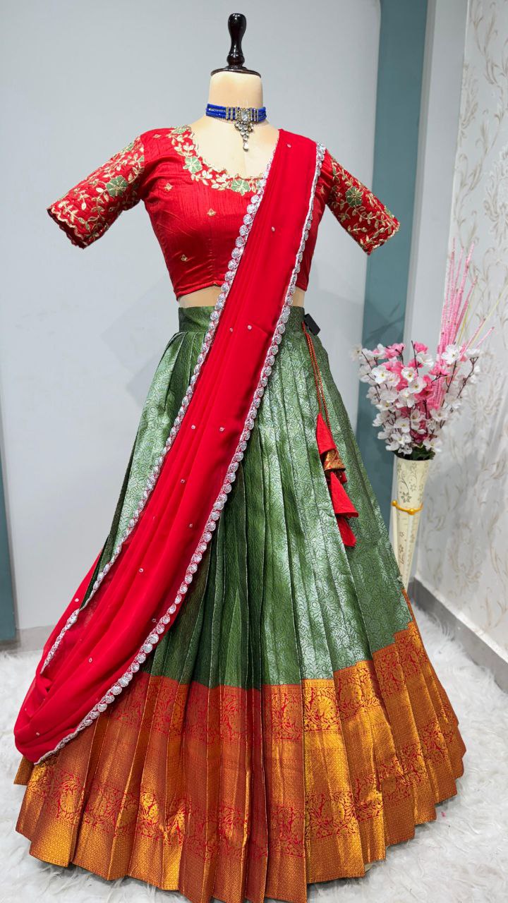 Exclusive Designer Pure Kanjivaram Silk Stitched Lehenga Choli with Maggam Work & Free Hip Belt