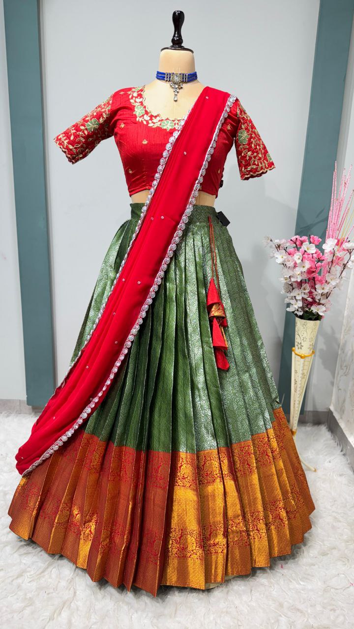 Exclusive Designer Pure Kanjivaram Silk Stitched Lehenga Choli with Maggam Work & Free Hip Belt