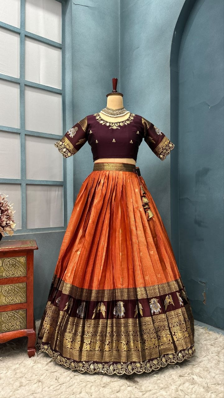 Pure Kanjivaram Silk Stitched Lehenga Set with Sequins Embroidery Blouse & Cutwork Dupatta