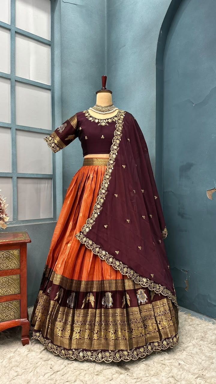 Pure Kanjivaram Silk Stitched Lehenga Set with Sequins Embroidery Blouse & Cutwork Dupatta