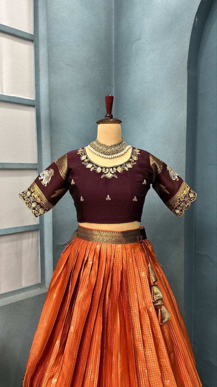 Pure Kanjivaram Silk Stitched Lehenga Set with Sequins Embroidery Blouse & Cutwork Dupatta