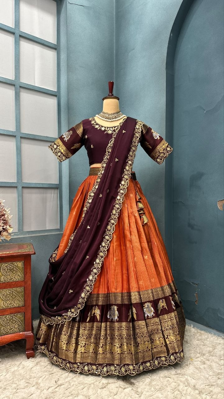 Pure Kanjivaram Silk Stitched Lehenga Set with Sequins Embroidery Blouse & Cutwork Dupatta