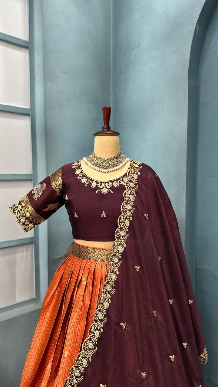 Pure Kanjivaram Silk Stitched Lehenga Set with Sequins Embroidery Blouse & Cutwork Dupatta