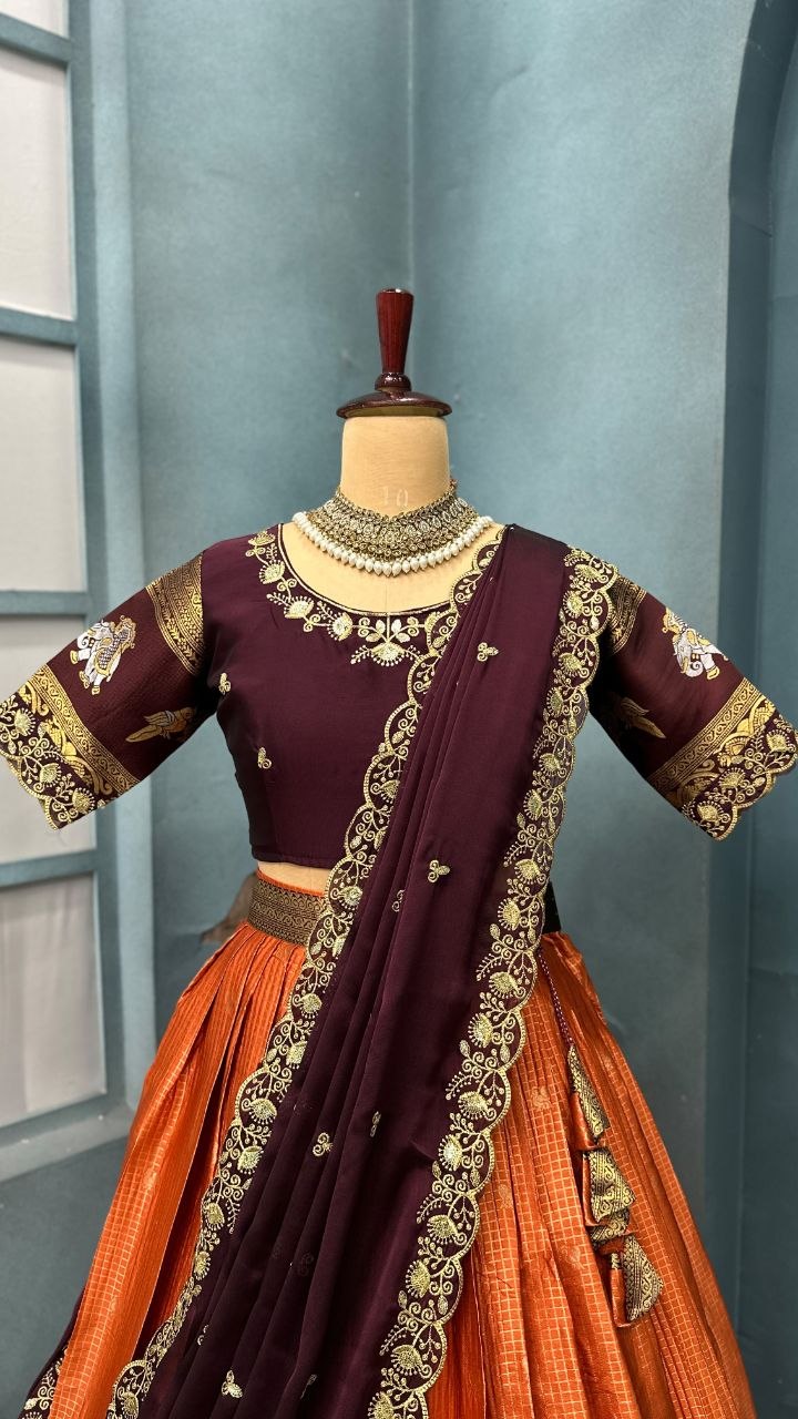 Pure Kanjivaram Silk Stitched Lehenga Set with Sequins Embroidery Blouse & Cutwork Dupatta