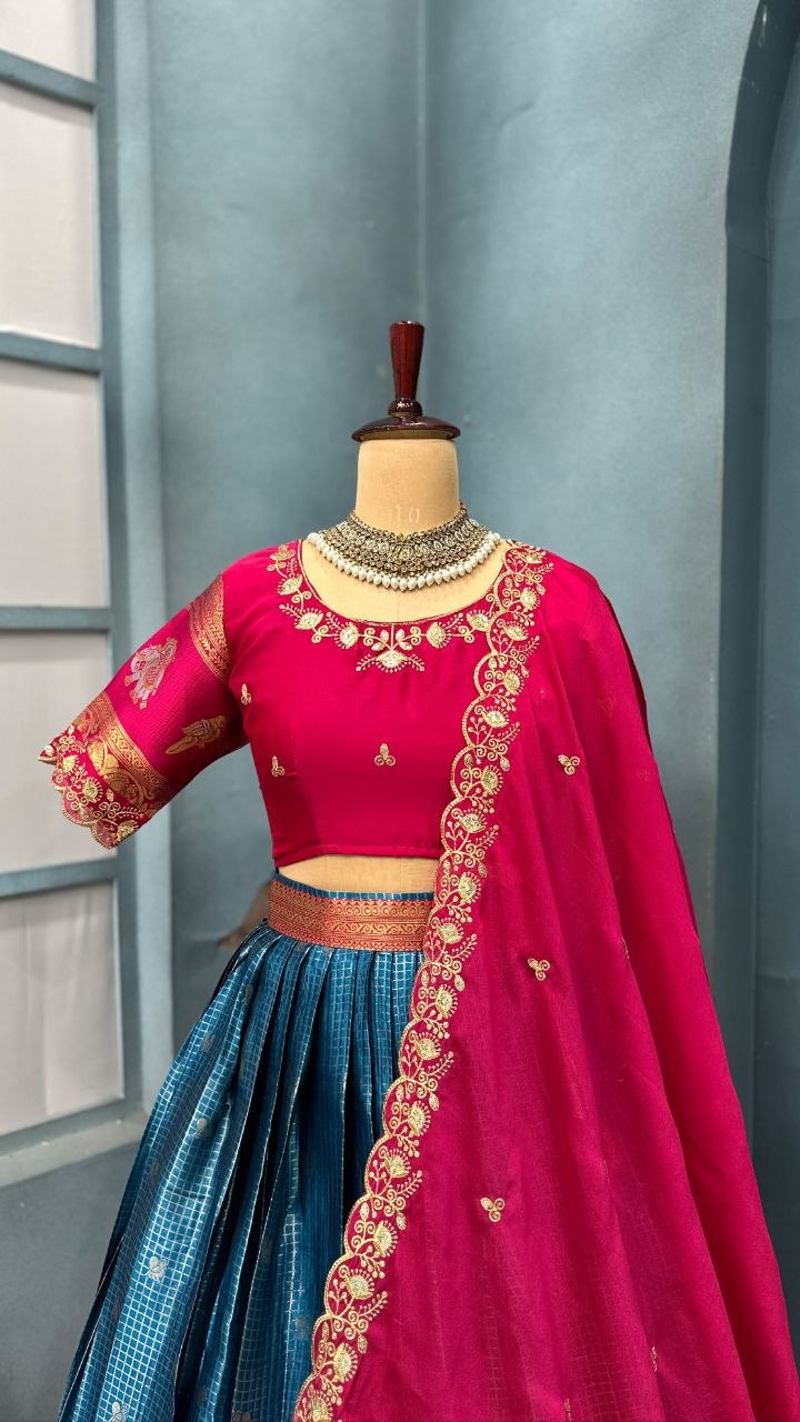 Pure Kanjivaram Silk Stitched Lehenga Set with Sequins Embroidery Blouse & Cutwork Dupatta