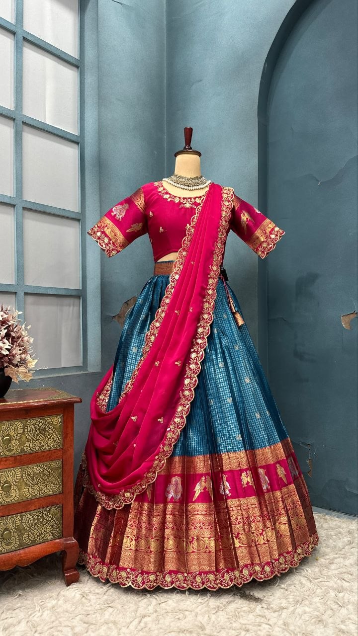 Pure Kanjivaram Silk Stitched Lehenga Set with Sequins Embroidery Blouse & Cutwork Dupatta