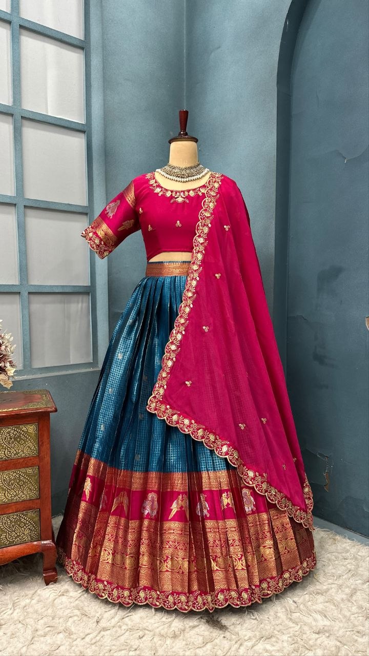 Pure Kanjivaram Silk Stitched Lehenga Set with Sequins Embroidery Blouse & Cutwork Dupatta