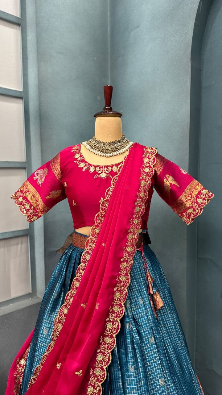 Pure Kanjivaram Silk Stitched Lehenga Set with Sequins Embroidery Blouse & Cutwork Dupatta
