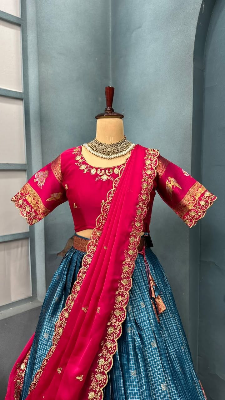 Pure Kanjivaram Silk Stitched Lehenga Set with Sequins Embroidery Blouse & Cutwork Dupatta