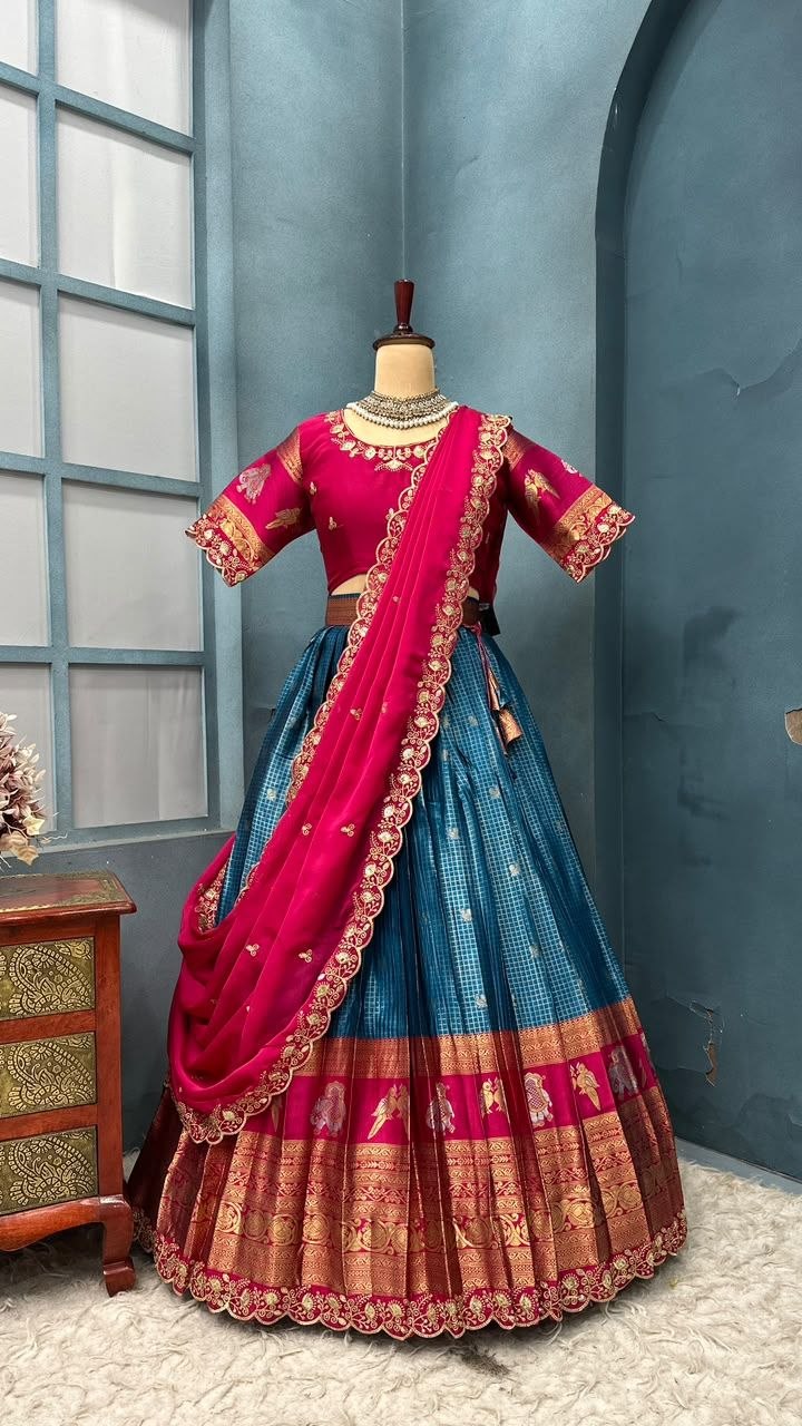 Pure Kanjivaram Silk Stitched Lehenga Set with Sequins Embroidery Blouse & Cutwork Dupatta