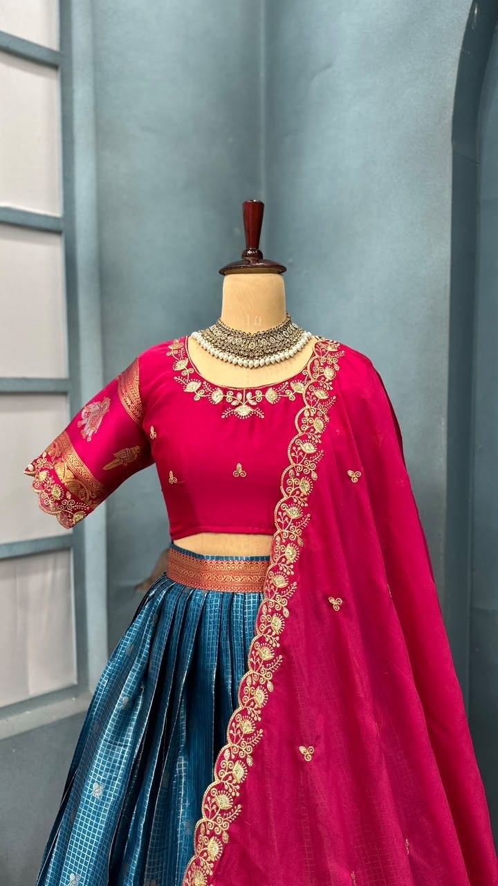 Pure Kanjivaram Silk Stitched Lehenga Set with Sequins Embroidery Blouse & Cutwork Dupatta