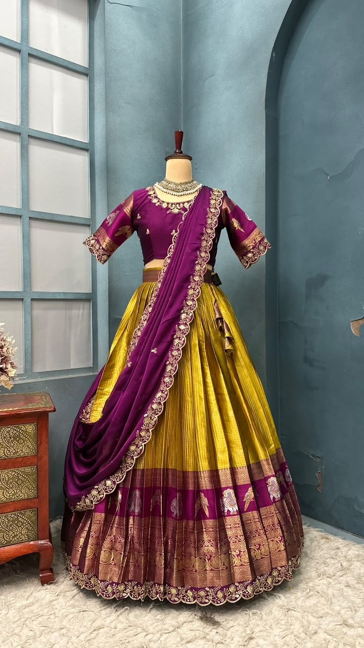 Pure Kanjivaram Silk Stitched Lehenga Set with Sequins Embroidery Blouse & Cutwork Dupatta