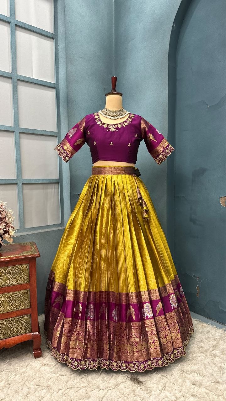Pure Kanjivaram Silk Stitched Lehenga Set with Sequins Embroidery Blouse & Cutwork Dupatta