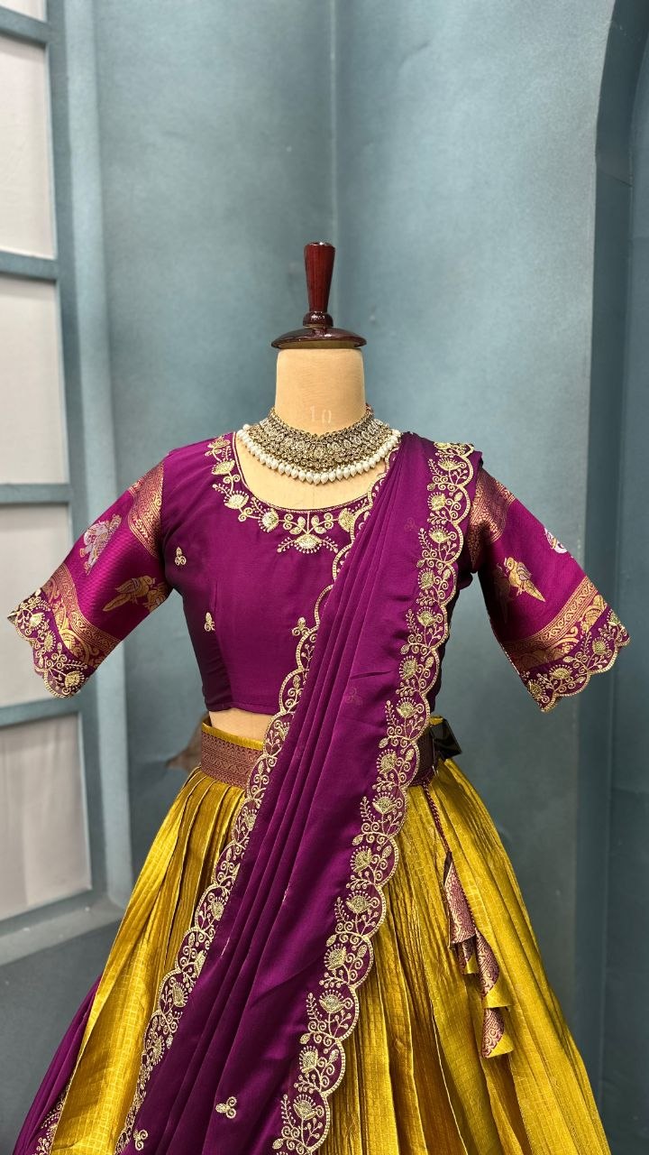 Pure Kanjivaram Silk Stitched Lehenga Set with Sequins Embroidery Blouse & Cutwork Dupatta