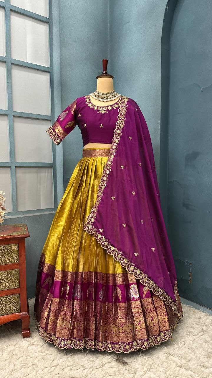Pure Kanjivaram Silk Stitched Lehenga Set with Sequins Embroidery Blouse & Cutwork Dupatta