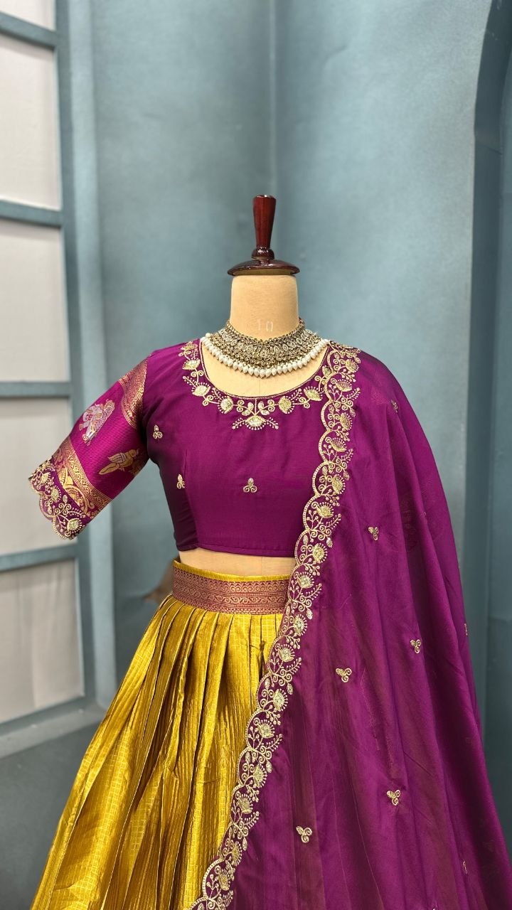 Pure Kanjivaram Silk Stitched Lehenga Set with Sequins Embroidery Blouse & Cutwork Dupatta