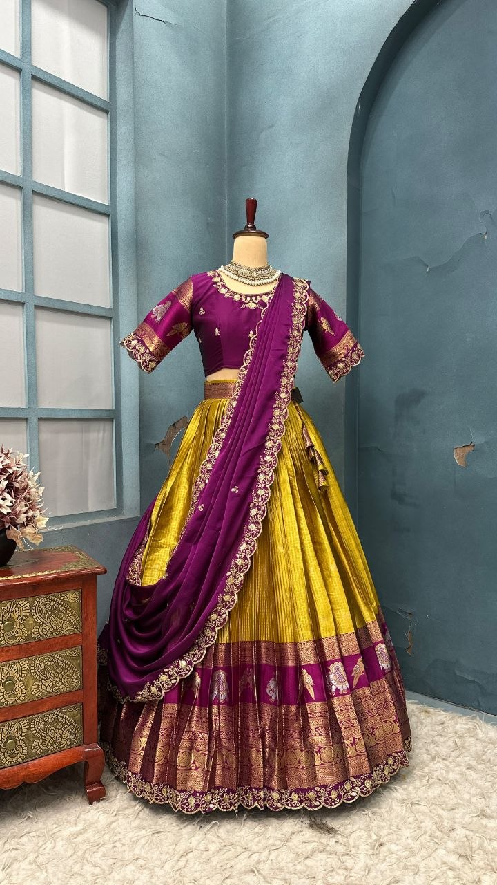 Pure Kanjivaram Silk Stitched Lehenga Set with Sequins Embroidery Blouse & Cutwork Dupatta
