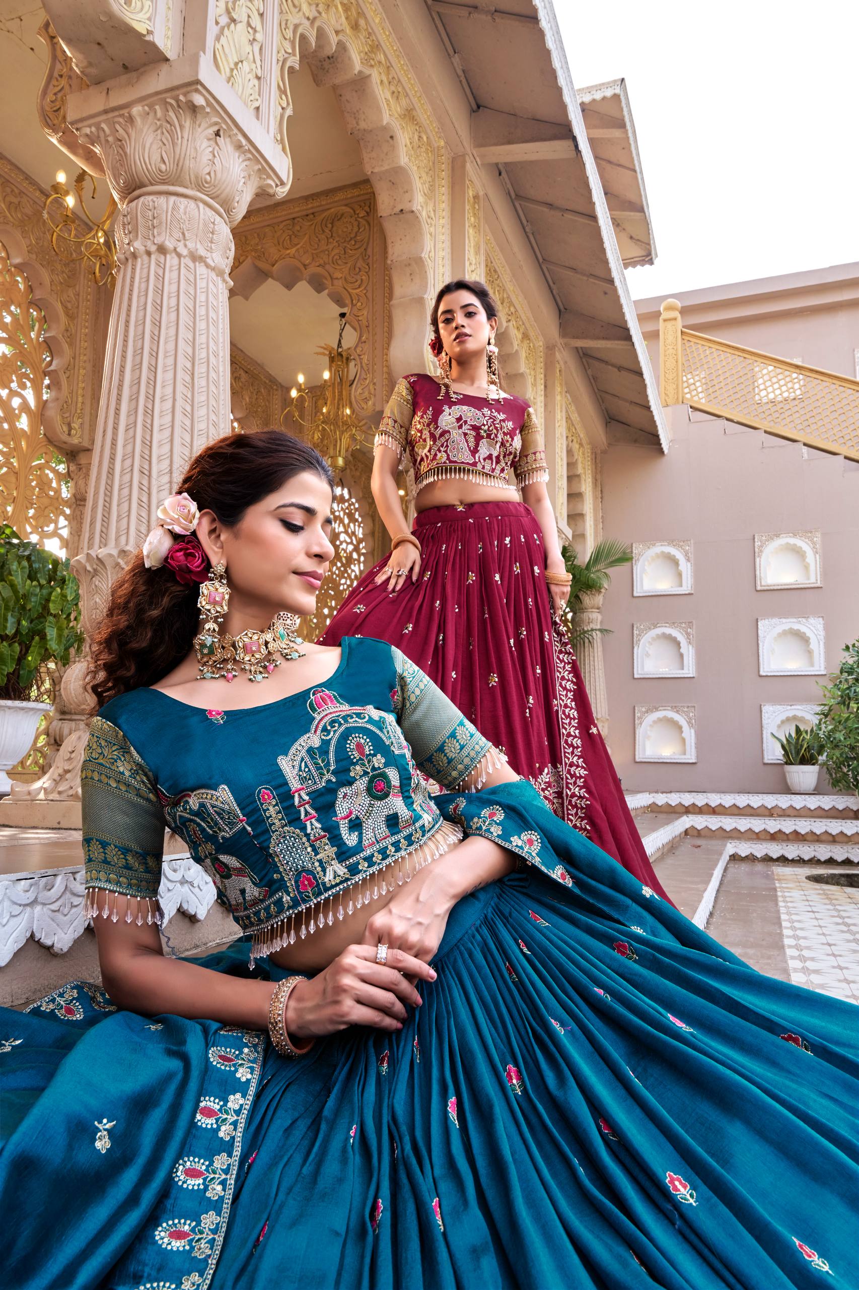 South Collection Pure Vichitra Silk Heavy Sequence & Thread Work Fully Stitched Lehenga Choli