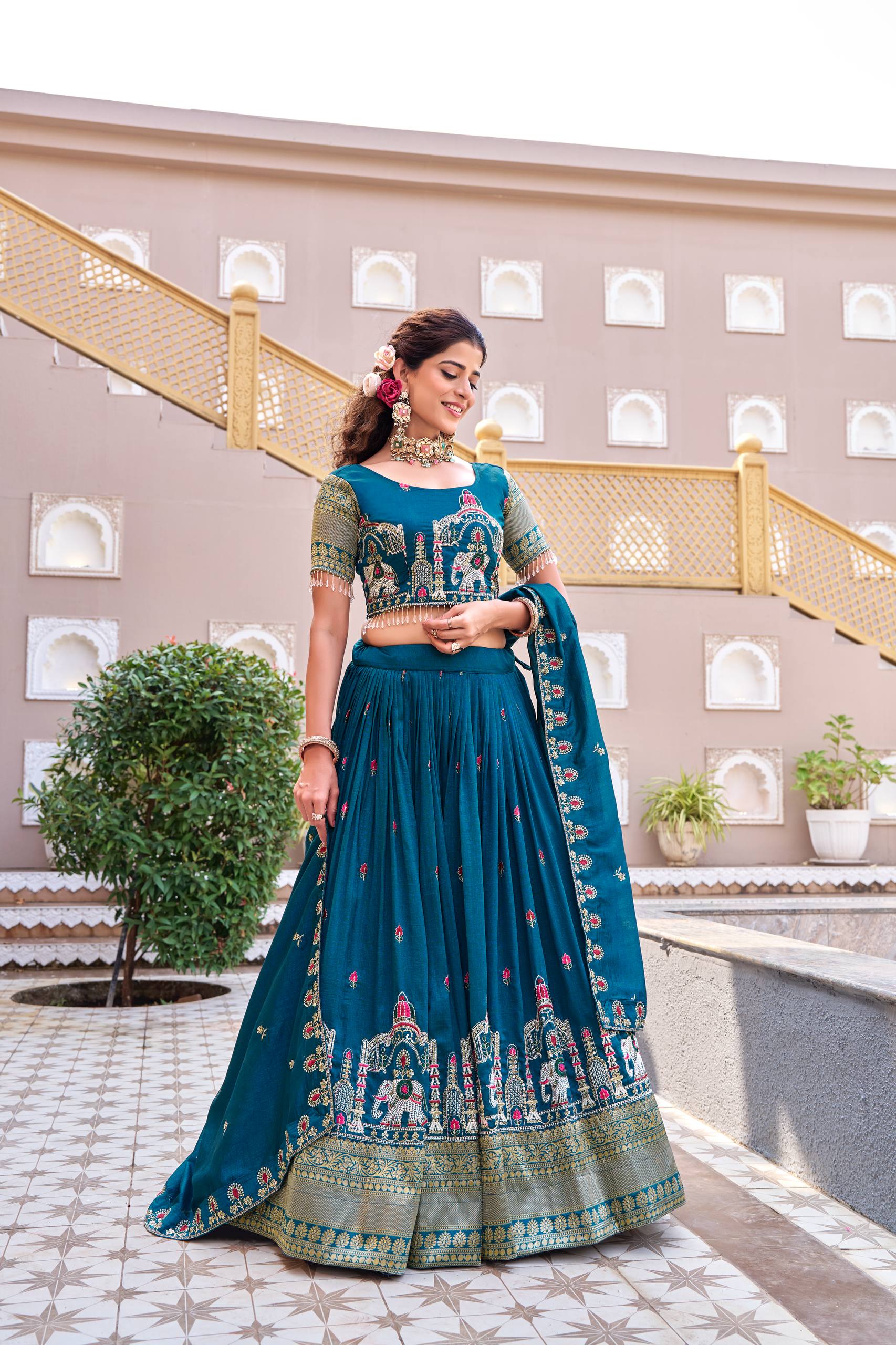 South Collection Pure Vichitra Silk Heavy Sequence & Thread Work Fully Stitched Lehenga Choli